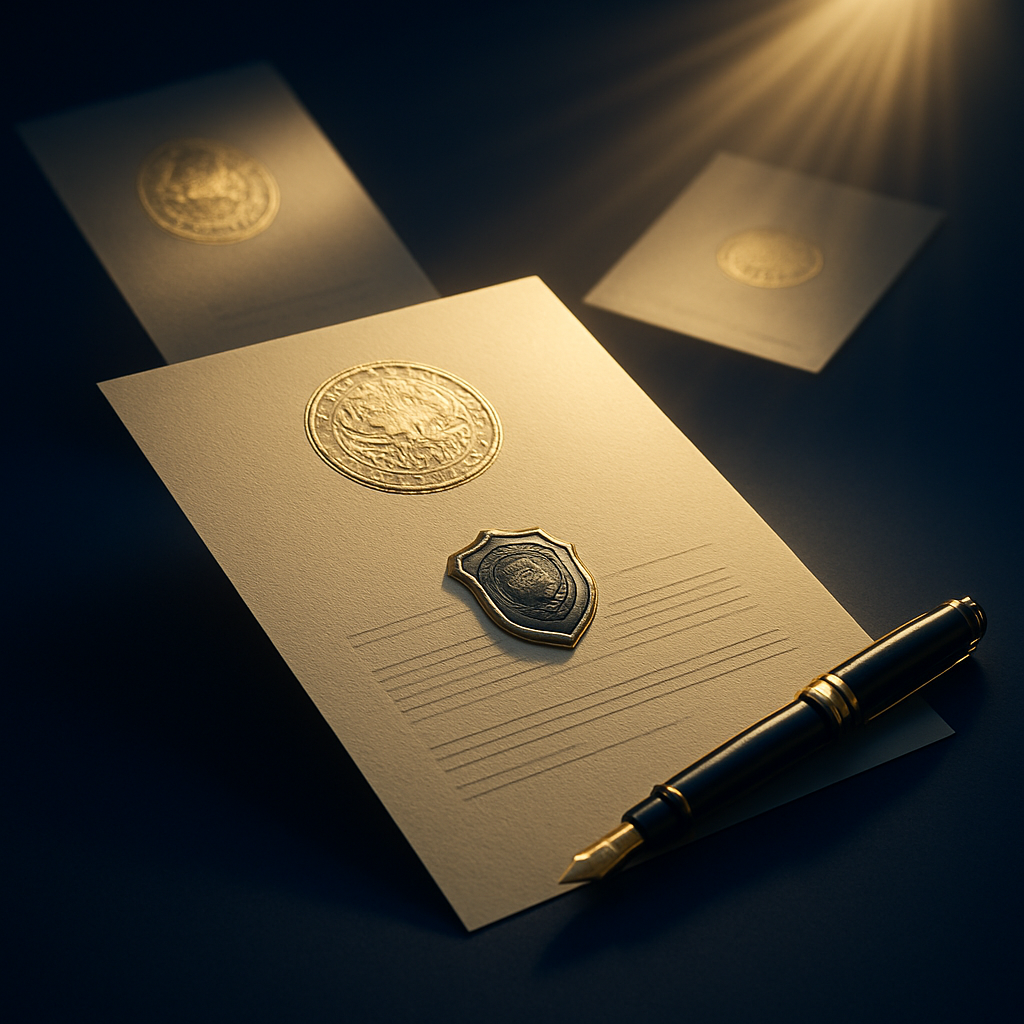 Documentos oficiales con sellos de oro flotando